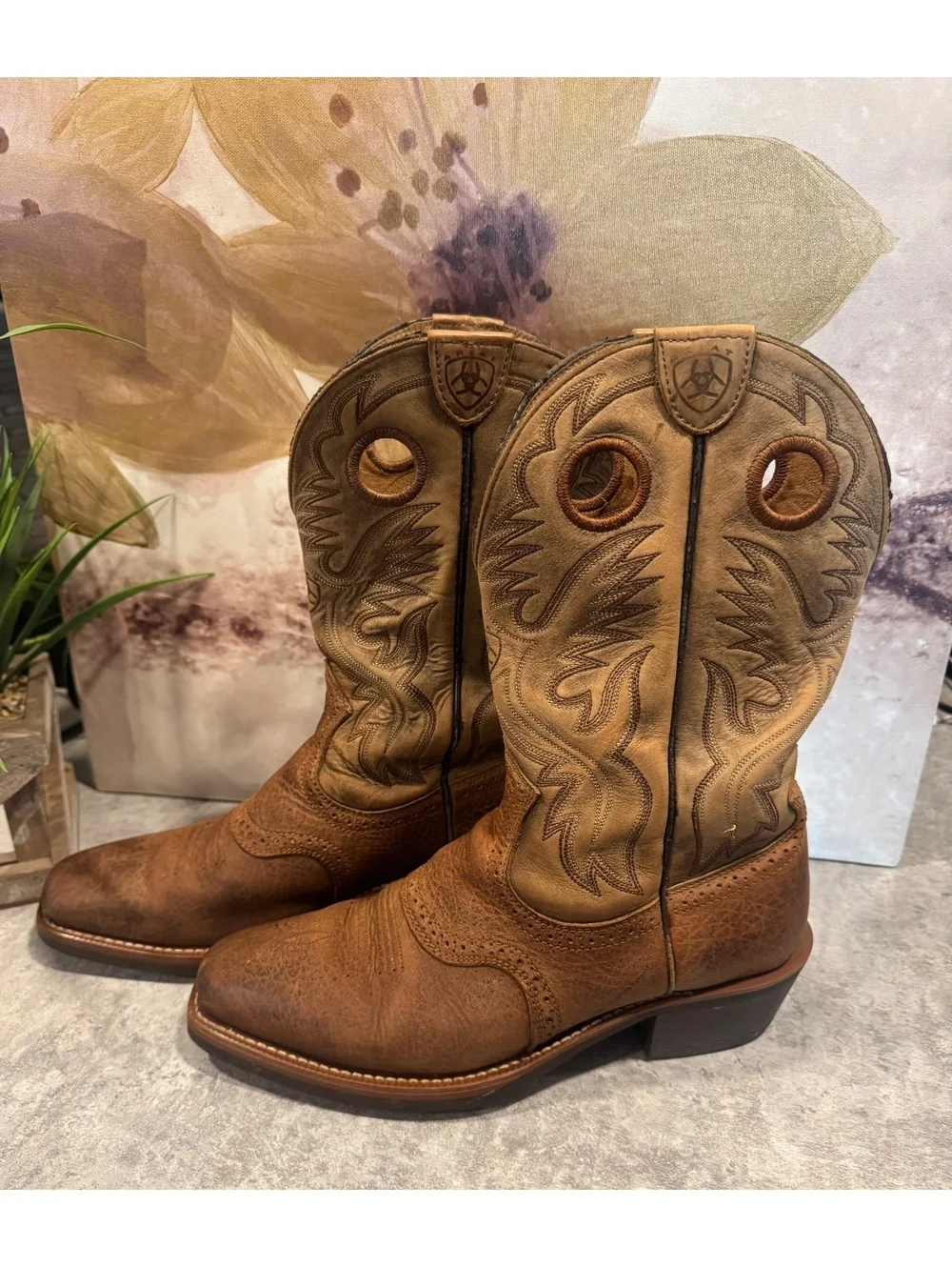 Ariat Heritage Roughstock Men's Brown Leather Square Toe Cowboy Boots Size 9.5D